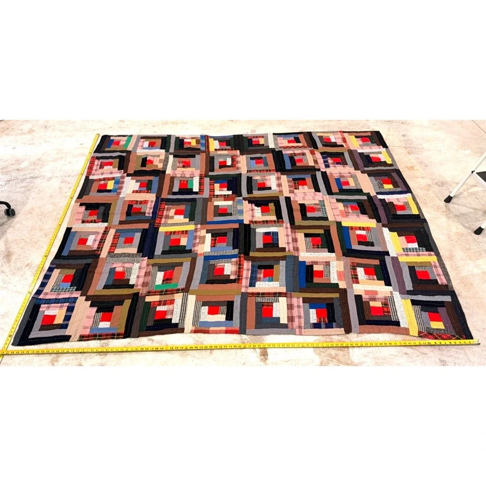 Vintage Handmade Log Cabin Patchwork Quilt 96x84 Multicolor Hand Stitched Cotton